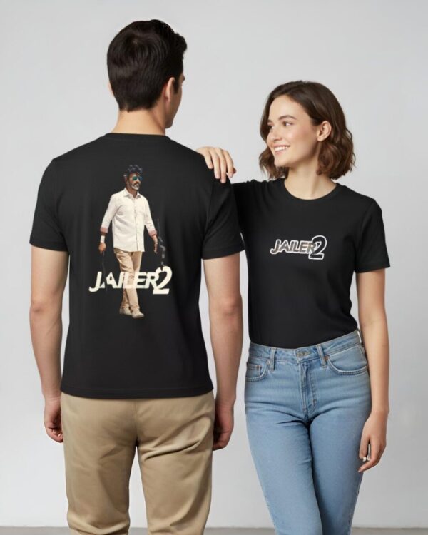 Jailer 2 T-Shirt Sri Lanka black 220GSM cotton featuring Rajinikanth walking with a machete and sunglasses.