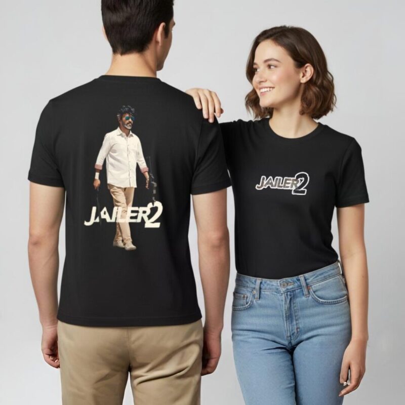 Jailer 2 T-Shirt Sri Lanka black 220GSM cotton featuring Rajinikanth walking with a machete and sunglasses.