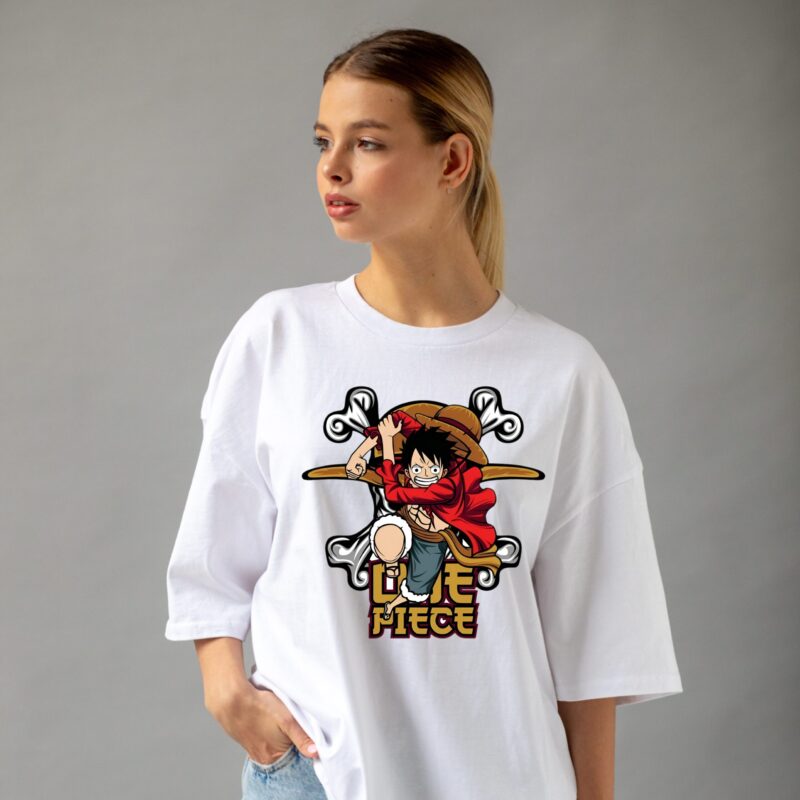 One Piece T-Shirt Sri Lanka white 220GSM cotton featuring Monkey D. Luffy in a jumping action pose over the classic logo