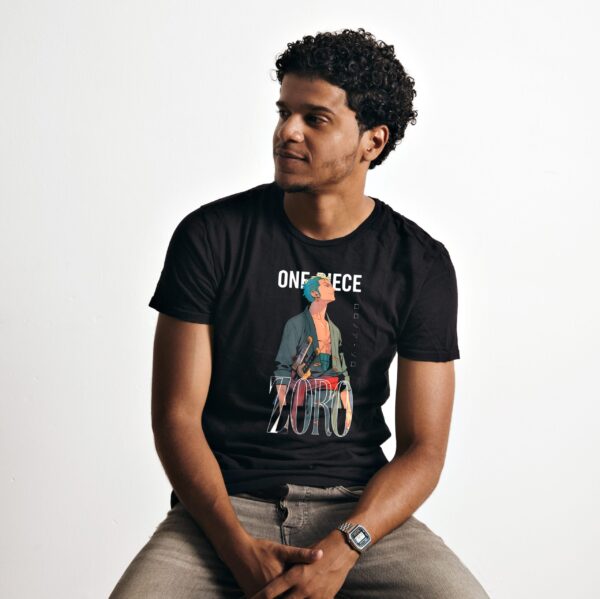 Zoro-T-Shirt-Sri-Lanka-Black-220GSM Zoro T-Shirt Sri Lanka black 220GSM cotton featuring Roronoa Zoro in Wano outfit with swords.